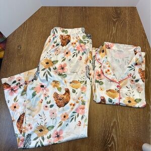 Chicken Floral Print Women's Pajama Set Farm Girl